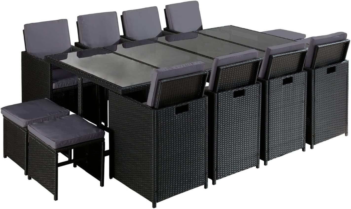 Bestmobilier, Salon de Jardin Encastrable Noir Fira, avec Housse de Protection, 12 Places, Noir/Gris, Coussins Déhoussables Gris