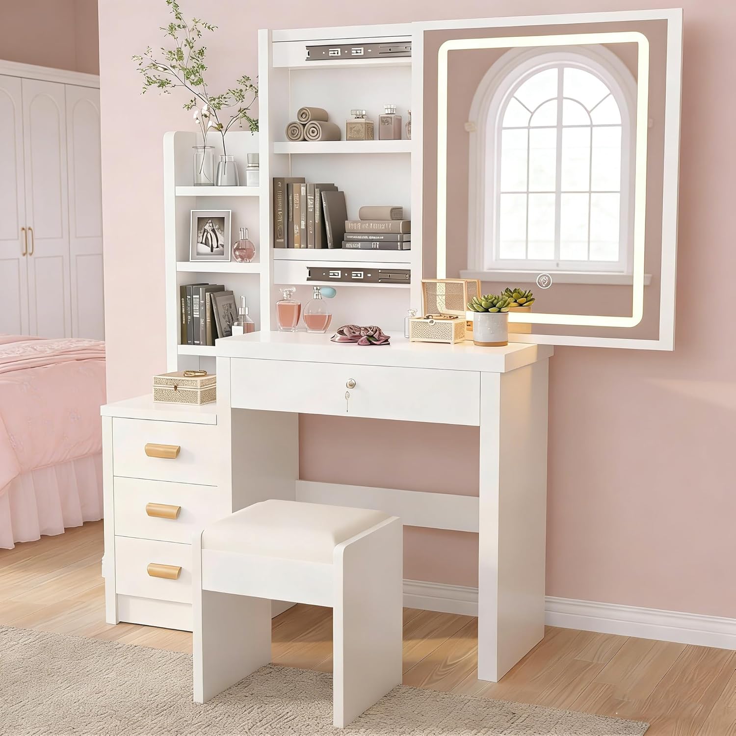 Coiffeuse Maquillage avec Miroir LED, Coiffeuse Moderne Bois Blanche pour Chambre 135×80×36 cm Moderne – Oyajia