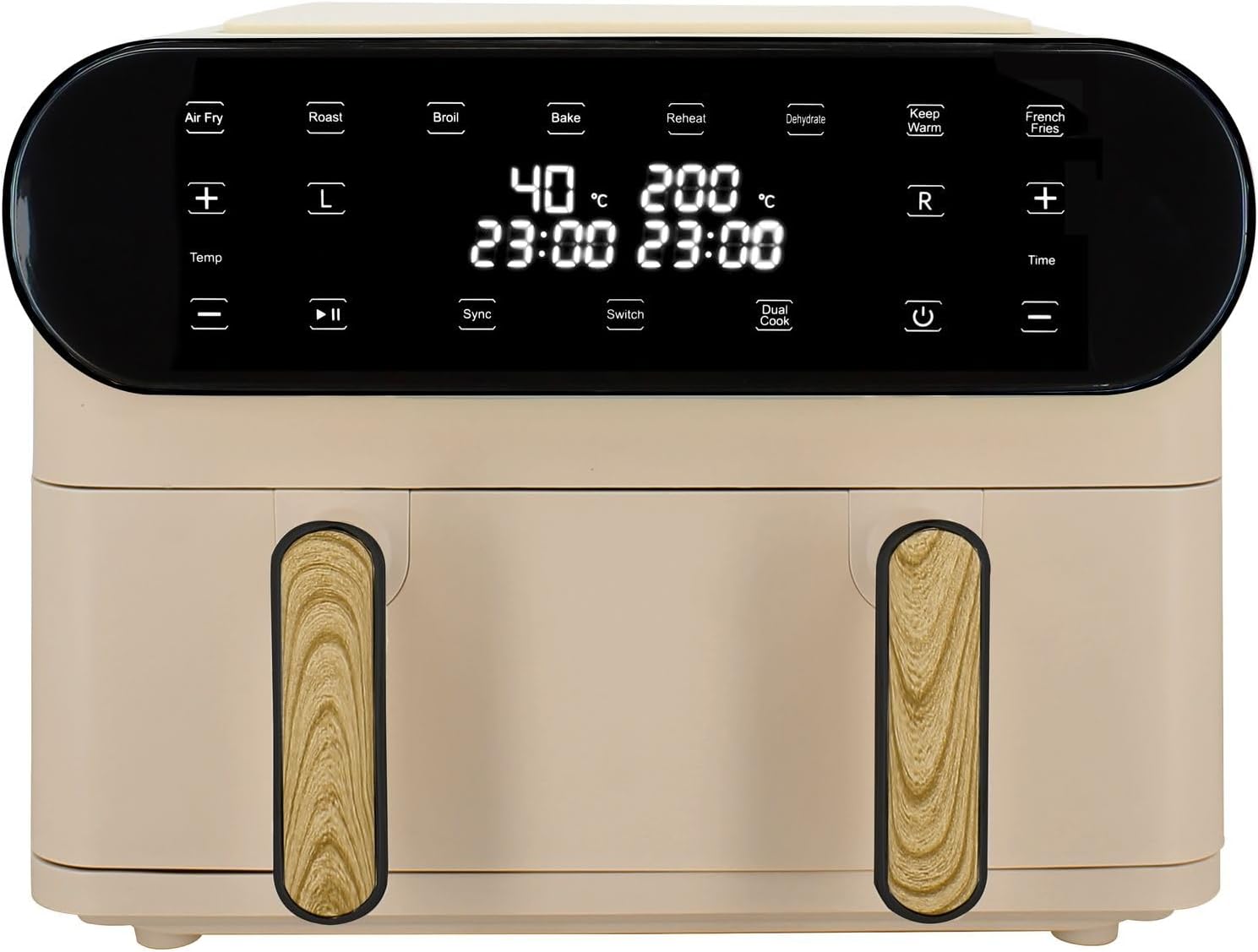 Friteuse Sans Huile Deux Cuves, Écran Tactile LED 6 Programmes – MENASTYL, Crème/Bois, Capacité 11L XXL, Cuisson Saine et Rapide 40-200°C