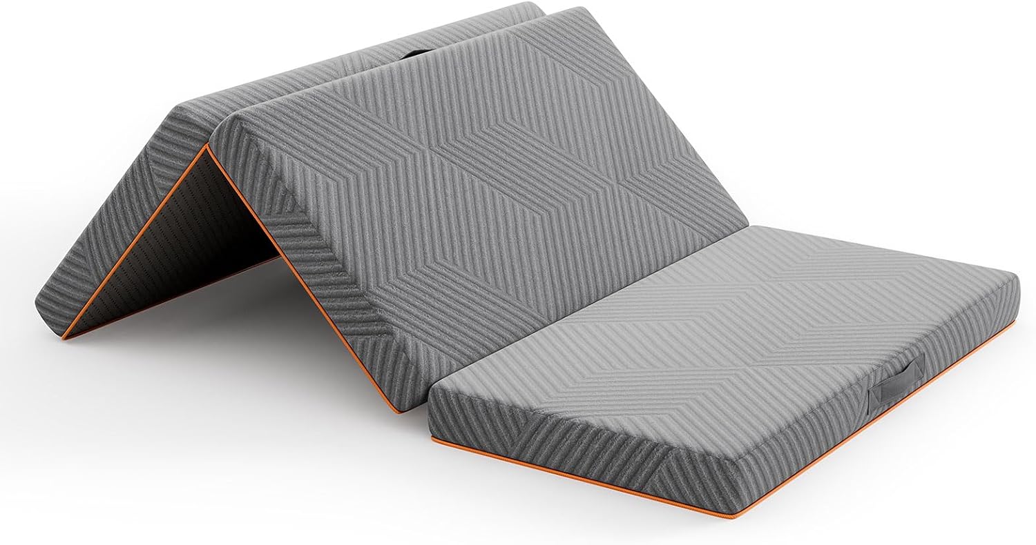 Matelas d'invité Pliable en 3 Parties en Mousse Gel pour Voyage, Camping, Gris/Orange – Vesgantti, Sol, lit d'invité