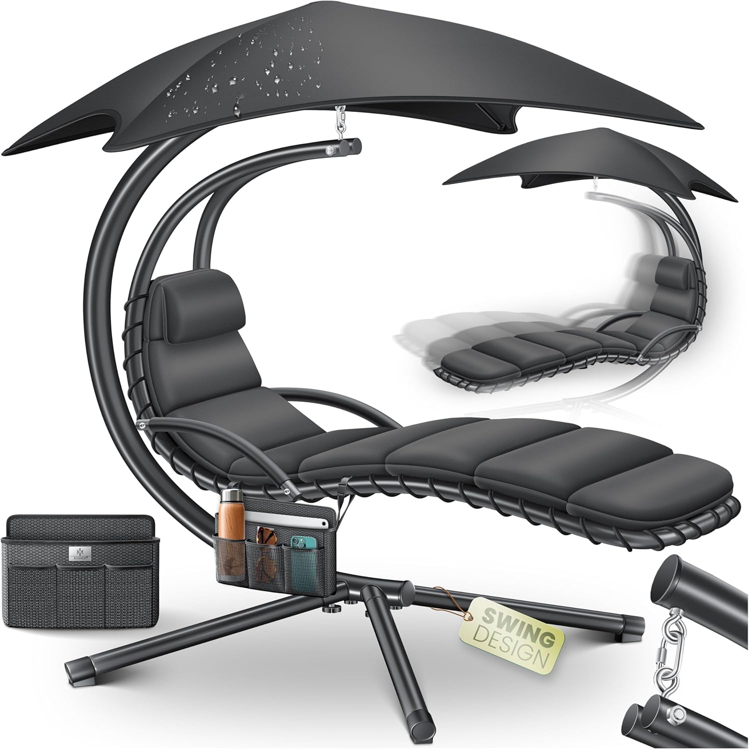 Bain de soleil, B100 cm – KESSER, Noir, charge jusqu'à 120 kg, chaise longue H200, L194, chaise longue suspendue, hamac, sac inclus