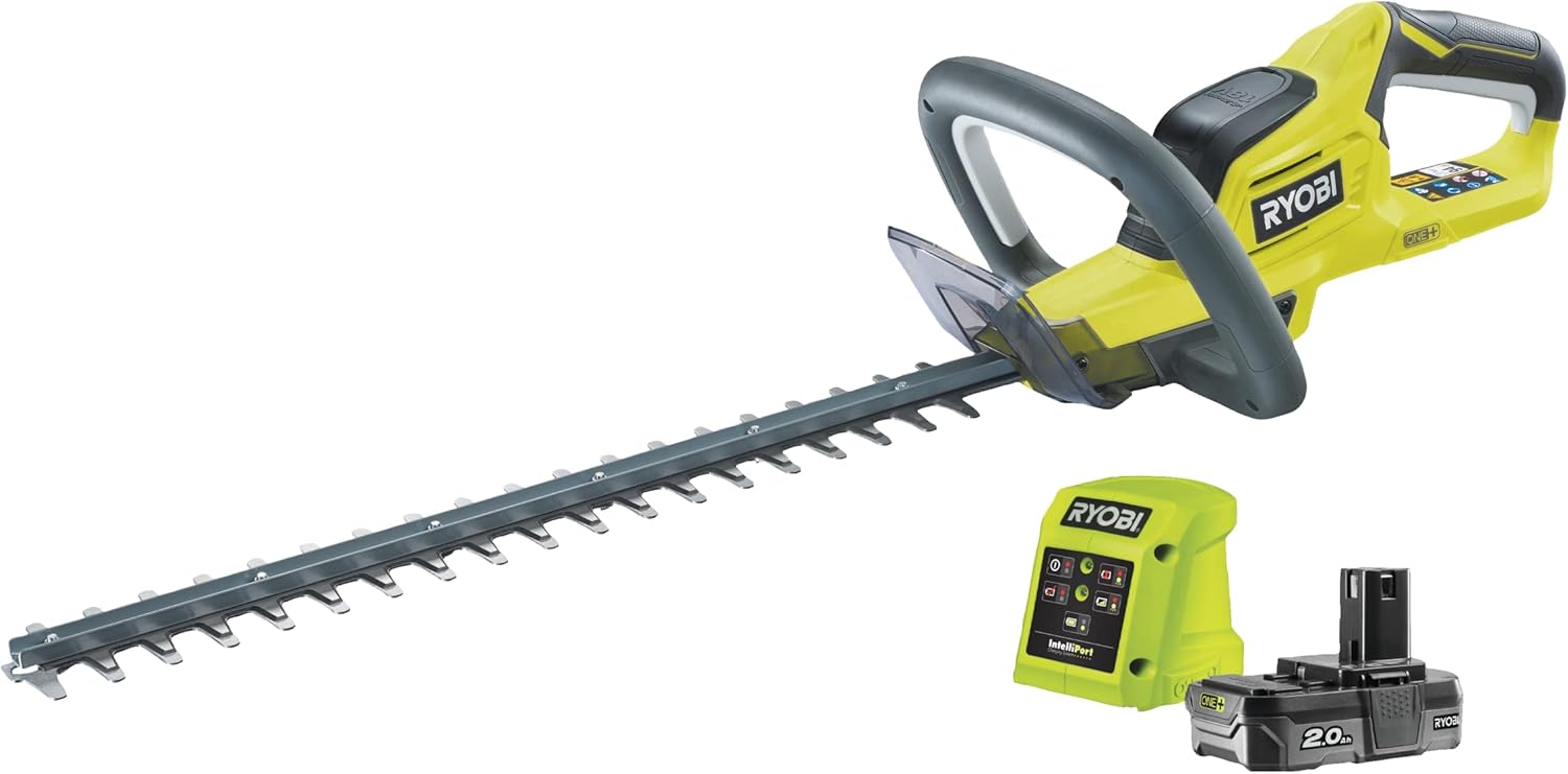 Taille-haie, Lame 45 cm, Batterie 2.0Ah et Chargeur Inclus – RYOBI, Jaune/Gris/Noir, Capacité 18 mm, Léger, Maniable