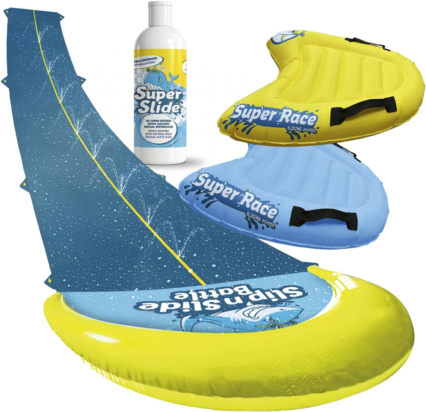 Toboggan aquatiques de jardin, 1 Tapis de Glisse Double Piste 10 Mètres + 2 Bodyboards pour Mieux Glisser + 1 Litre Savon – Original Cup