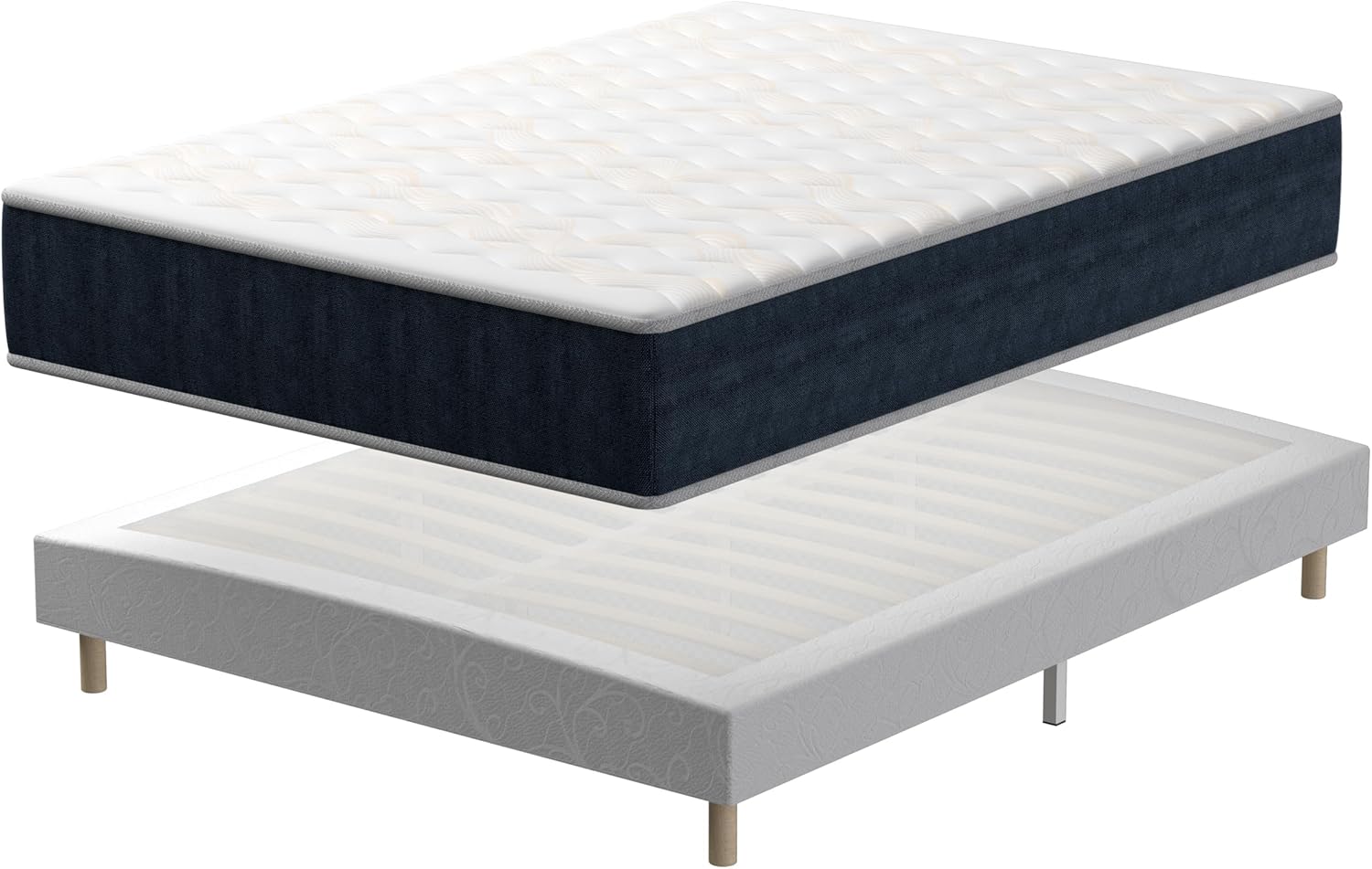 Matelas en Mousse 140x190x32 cm+Sommier tapissier volige, 9 Pieds Inclus, Blanc/Noir – TEENO, Mémoire Ensemble Composè