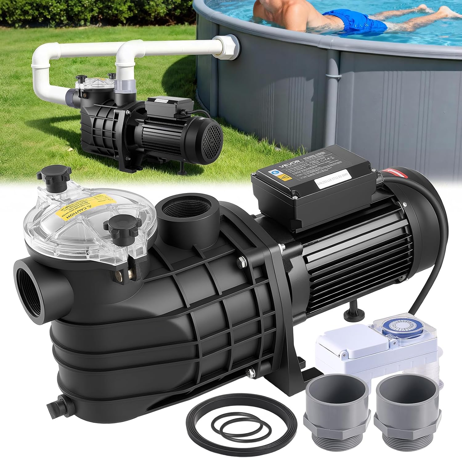 Pompe Piscine 3000 W Pompe Filtration Piscine 35000 L/h pour Piscines Hors Sol Enterrées, 2860 tr/min, avec Panier Filtre – VEVOR, Noir/Blanc, Spa