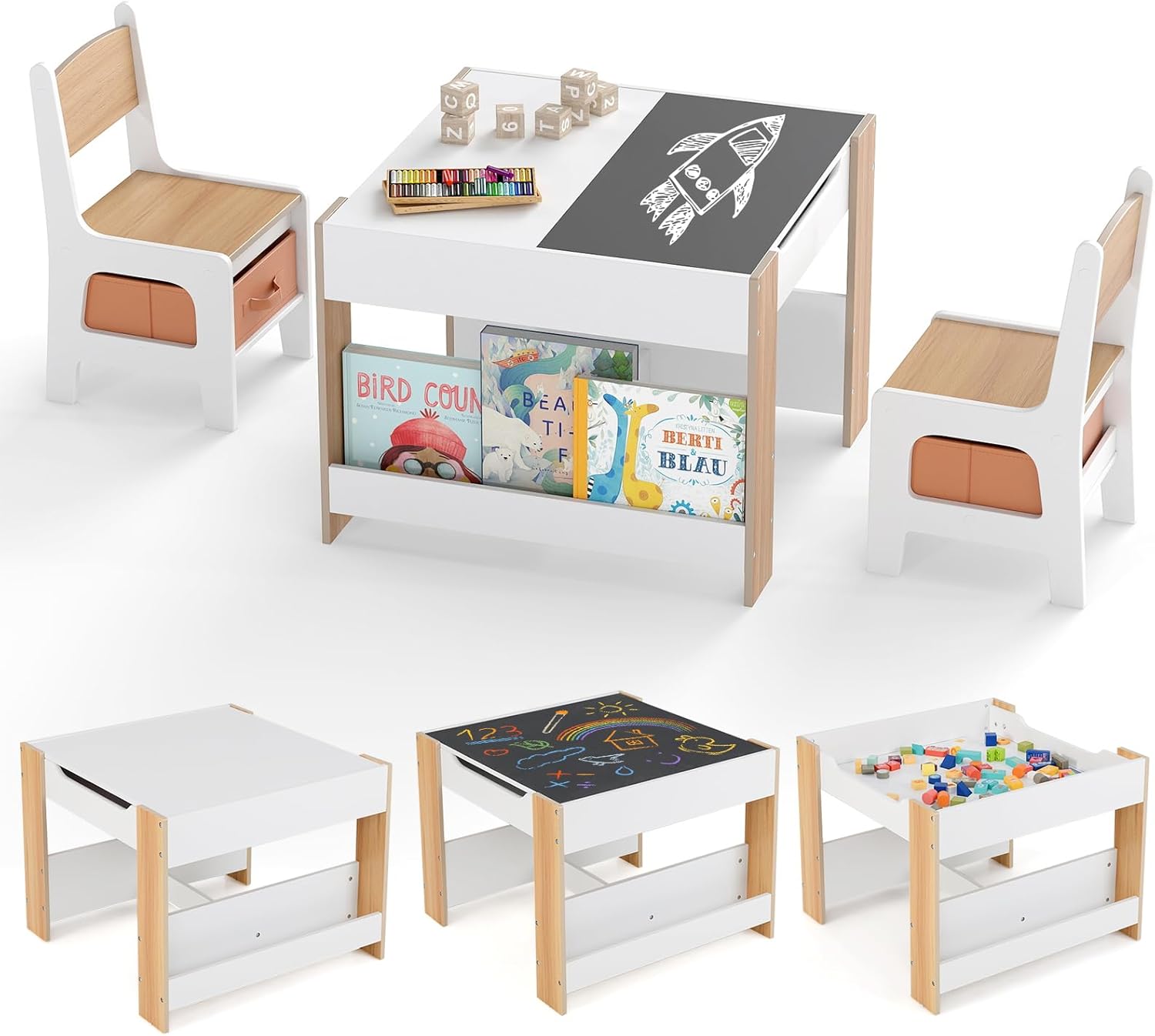 Table Enfant avec 2 Chaises, Table d'Activités pour 3-6 Ans avec Tableau Noir Double Face Amovible, Blanc/Bois/Noir – GOPLUS, Naturel