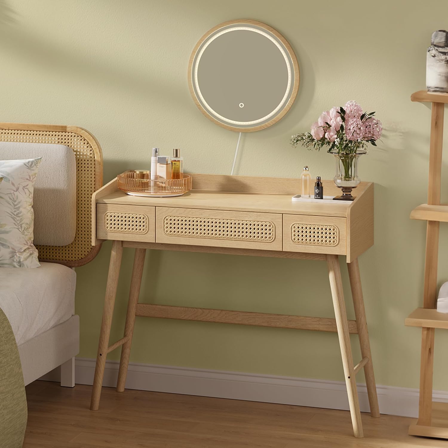 Coiffeuse avec Miroir et Lumière, Lumière Réglable avec 3 Couleurs, Chambre – SONGMICS HOME, 3 Tiroirs Imitation Rotin
