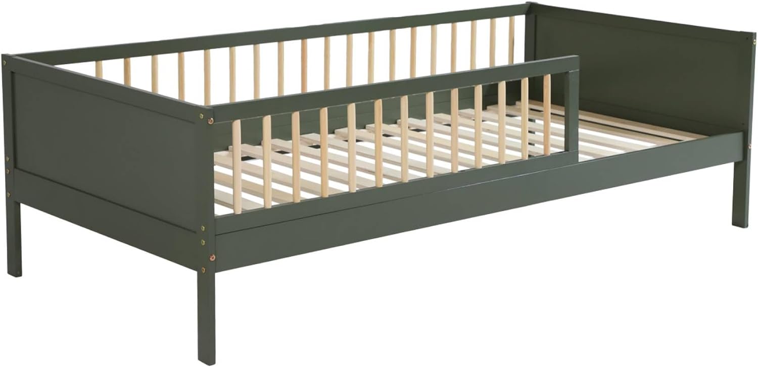 Lit, sweeek, Lit Enfant 90 x 190 cm pin Naturel sommier à Lattes Inclus Vert, Elio, Vert/Naturel – Alice's Garden