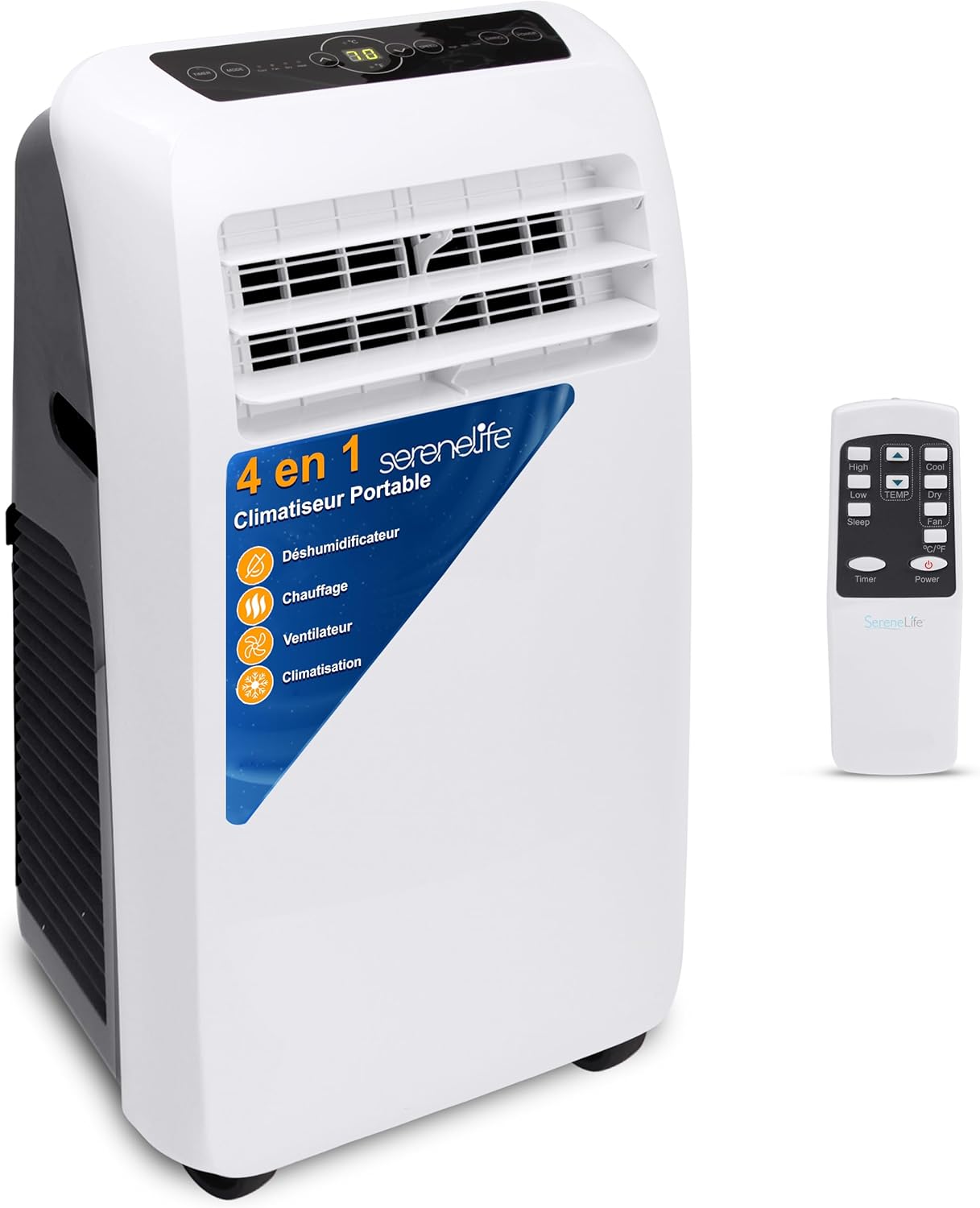 SereneLife Climatiseur Mobile 9000 BTU avec Chauffage, Climatiseur Réversible Portable 4 en 1, Télécommande, Blanc/Noir, Blanc