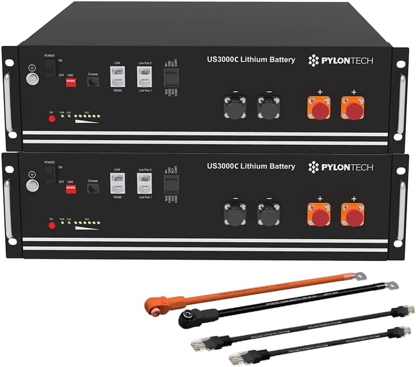 Pylontech US3000C, Convertisseur électriques, 2 batteries LiFePO4 US3000C 7 kWh avec kit de câbles de raccordement à l'onduleur, Noir/Orange