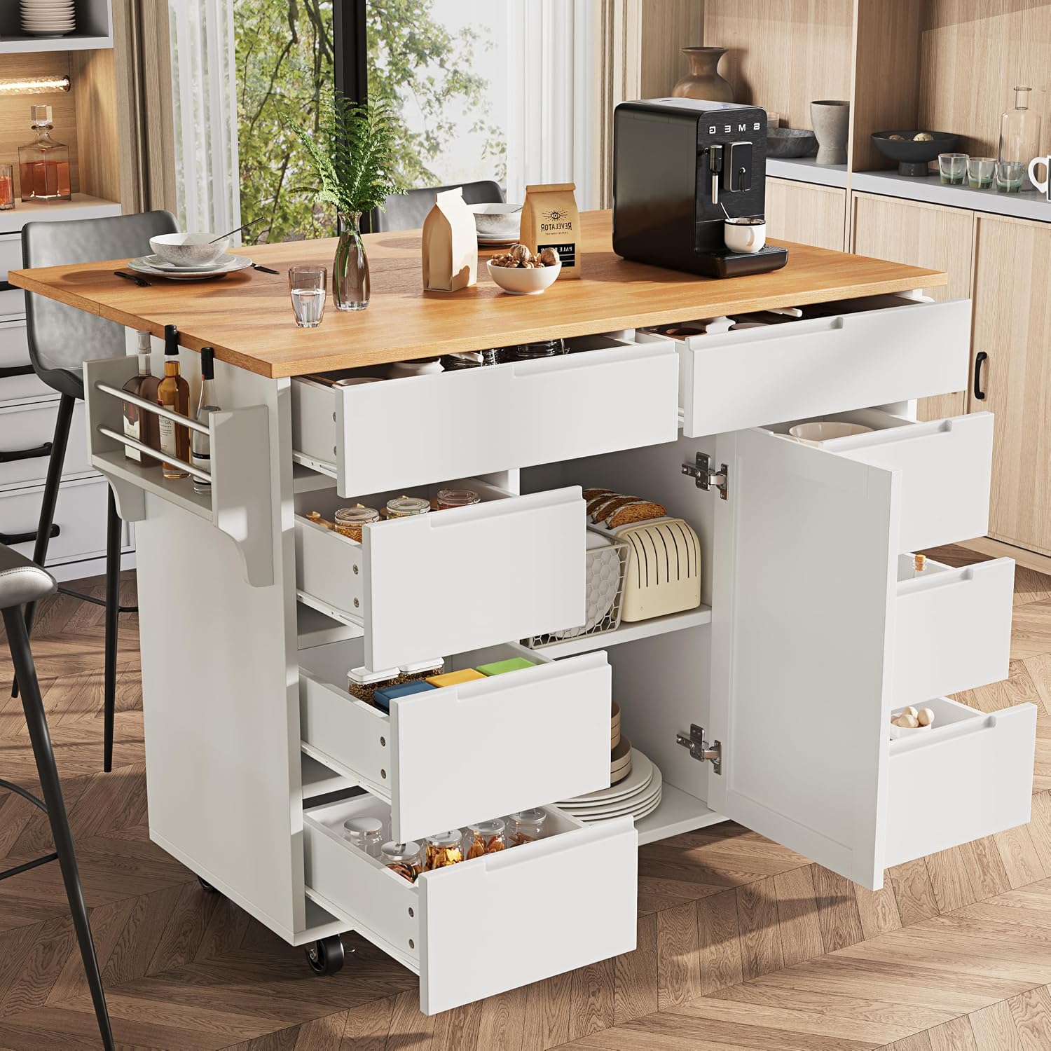 Desserte, 8 tiroirs et roulettes, chariot de service avec étagère à épices, armoire de cuisine avec plan de travail et espace de rangement