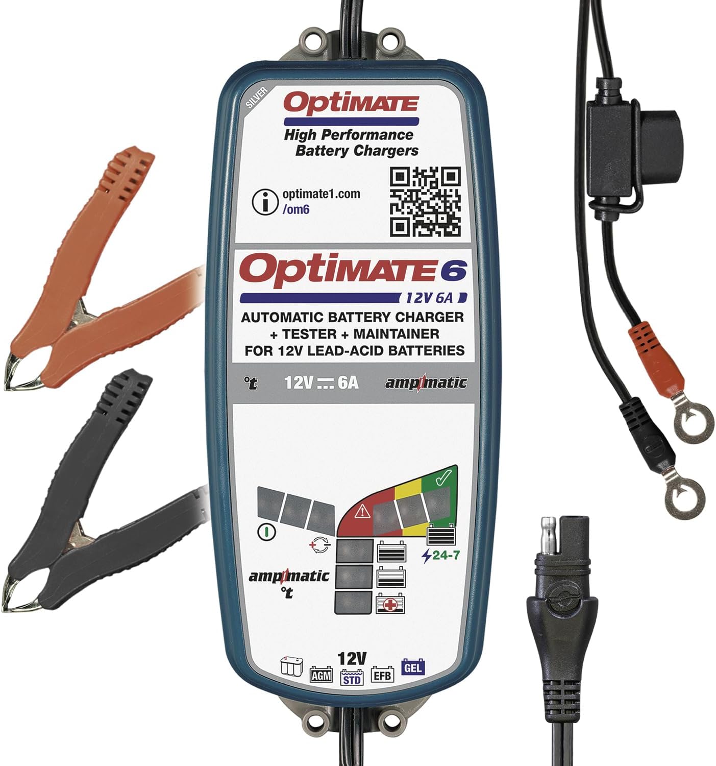 OptiMate, Chargeur de batterie, 6 Ampmatic Chargeur-testeur-mainteneur avec récupération de Batterie 12 V 6 A en 9 étapes, Bleu/Rouge/Noir