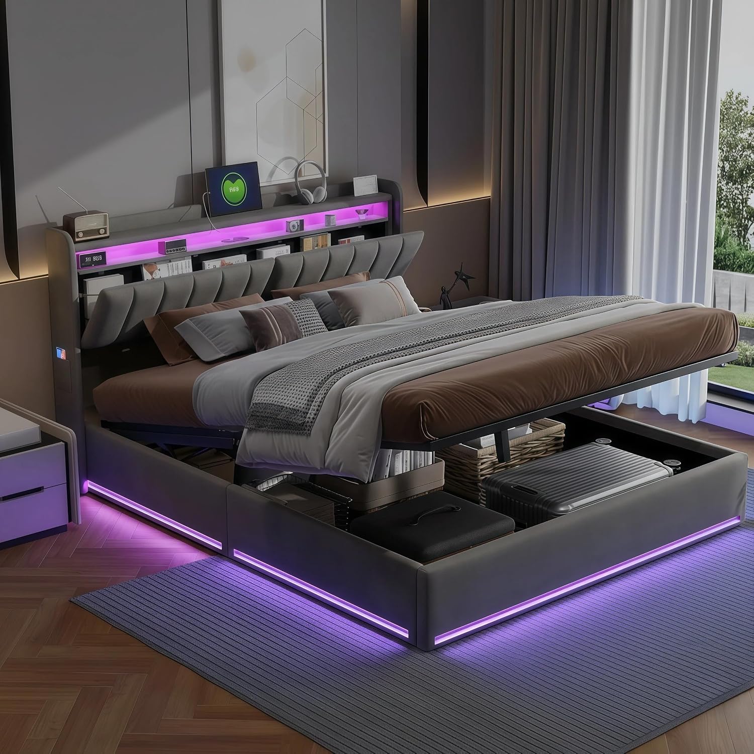 Lit, 140 x 190 cm, avec Éclairage LED et Port USB, pour Adultes et Adolescents – LIVLUX, Lit Double Rembourré avec Rangement et Tete de lit