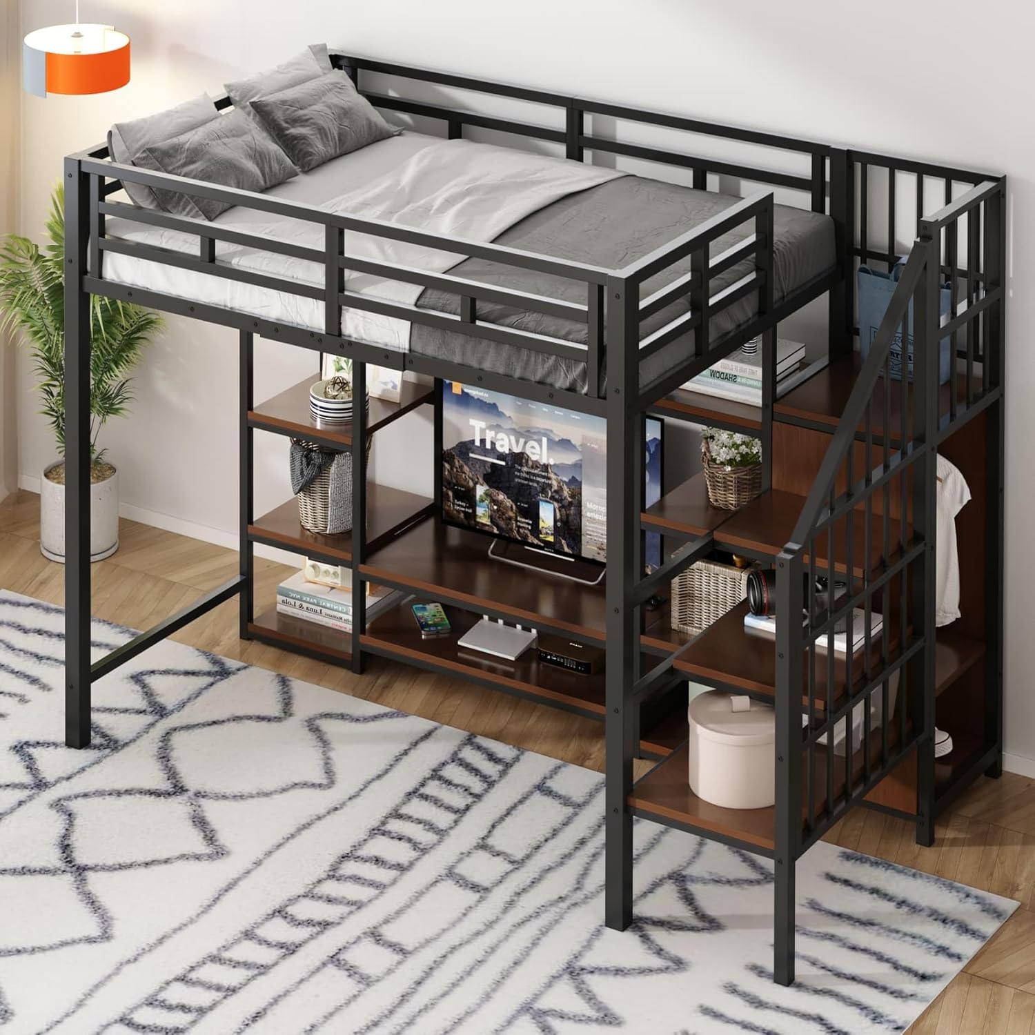 Lit, sans Matelas (90), Métal et Bois, Lit en Hauteur pour Enfants et Adolescents, Noir/Marron/Gris – PUGSDRLY, Prise électrique