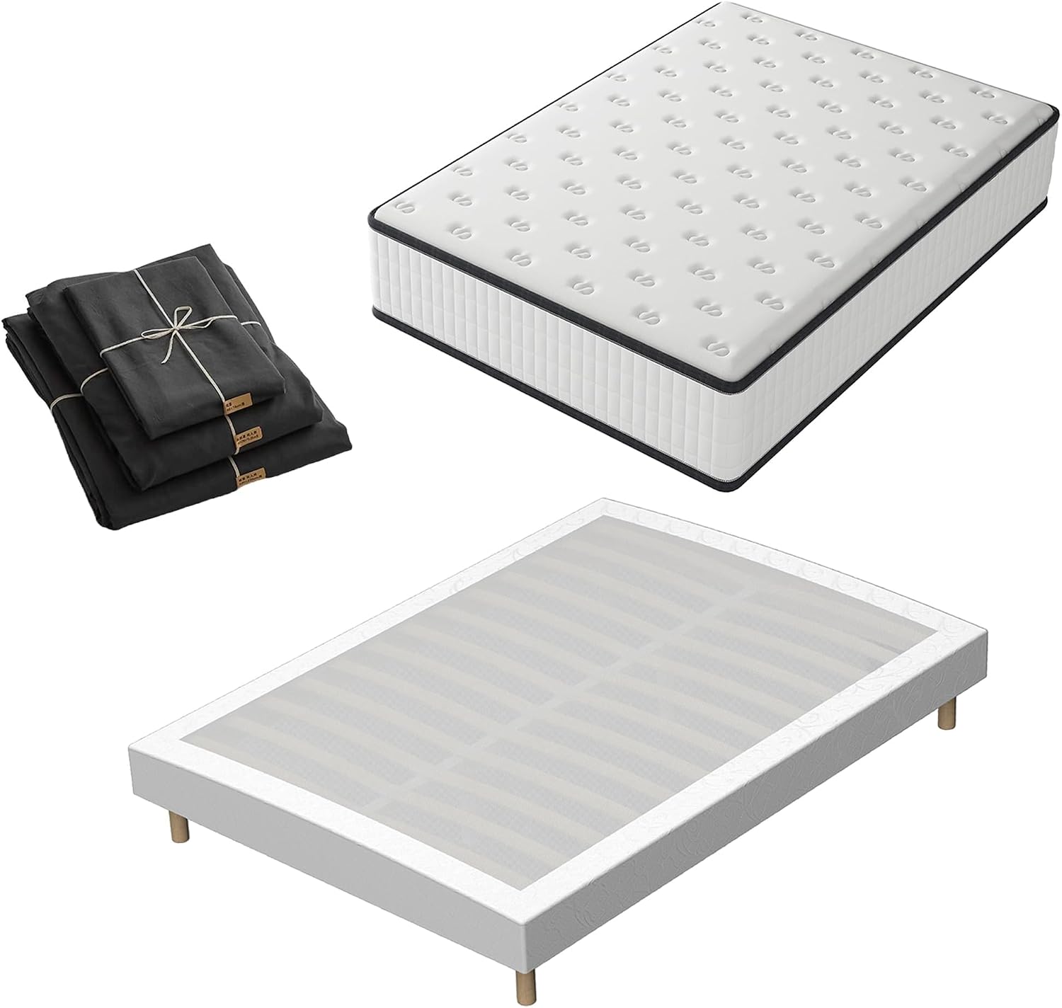 Matelas à mémoire de Forme et sommier 140x190 Ensemble, Matelas 140x190 et Parure de lit 4 pièces +Sommiers à Lattes avec 9 Pieds pour Adulte