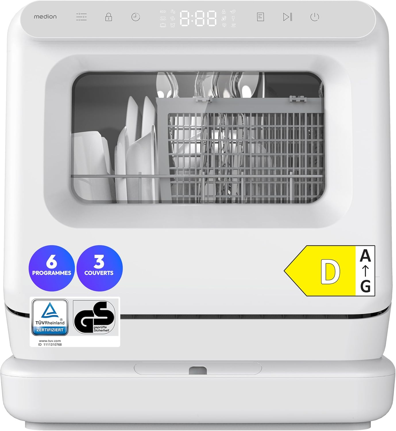 MEDION DWT30 MD37002 Mini Lave Vaisselle DWT30, 3 Couverts, fonctionne avec ou sans raccordement d'eau, Blanc/Gris, 6 Programmes, MD37002