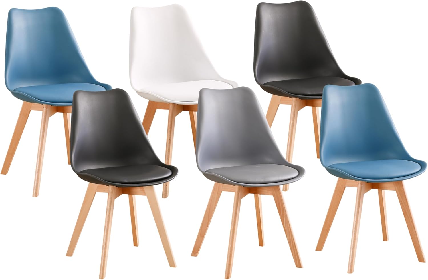Lot de 6 Chaises Scandinaves, Noir x2, Pieds Bois de Hêtre Massif, Blanc/Gris/Bleu/Noir – PEZ ROJO, Bleu Canard x2, Blanc, Gris