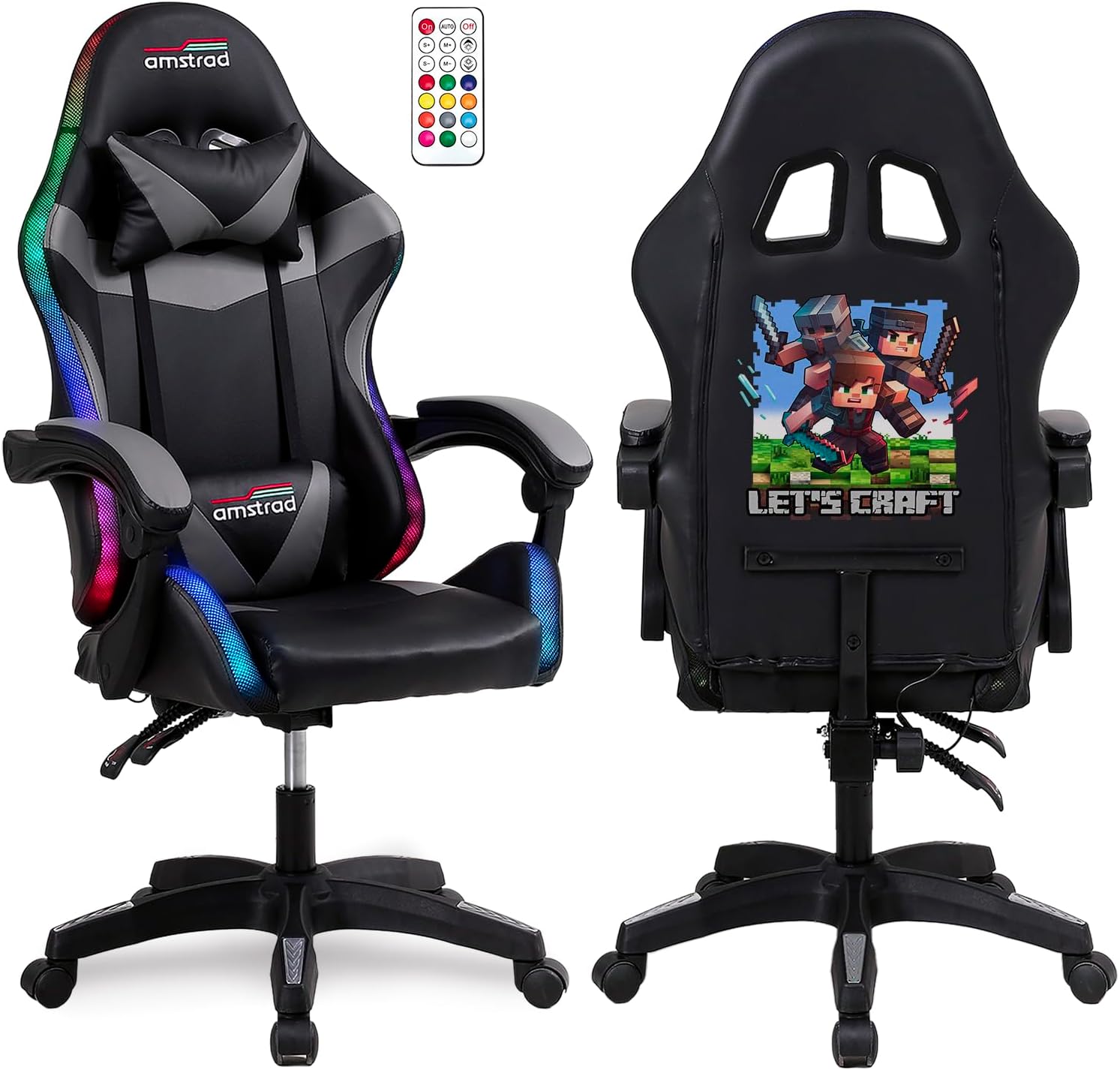 Chaise, Eclairage LED 366 Effets, Noir/Gris – Amstrad, Télécommande, Fauteuil Gaming Noir et Gris, Serigraphie Crafter