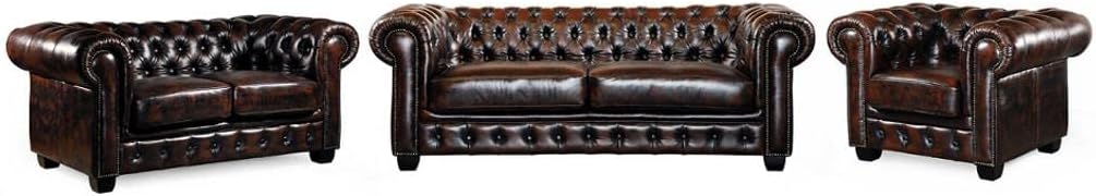 Canapés Chesterfield 3 Places 2 Places et Un Fauteuil Brenton 100% Cuir de Buffle – Vente-unique, Marron Reflets châtains