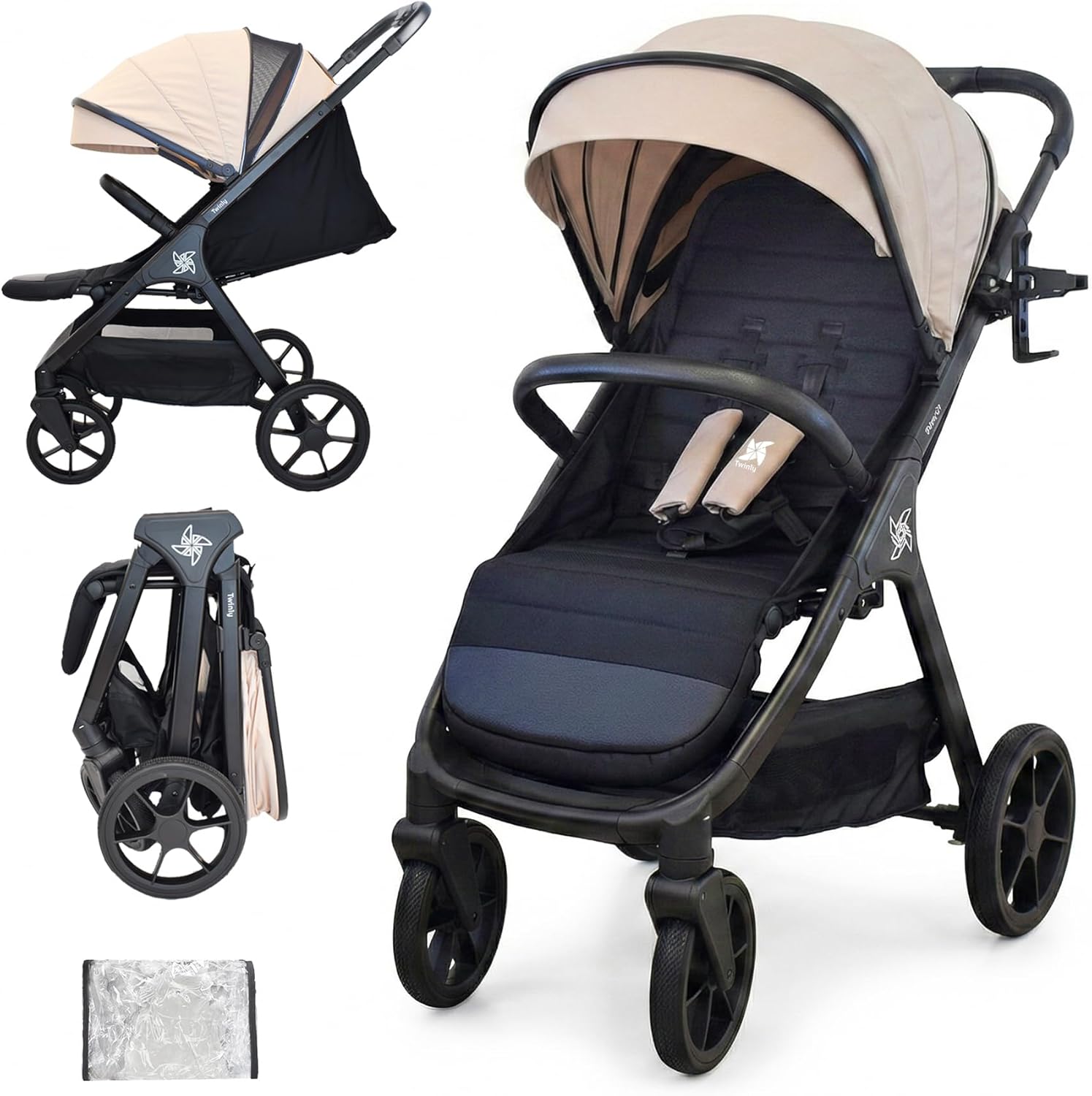 Poussette citadines, Capote XXL avec Filtre UPF-50 – Twinly, Beige/Noir, Spacely, Dès la Naissance, Siège Large, Beige