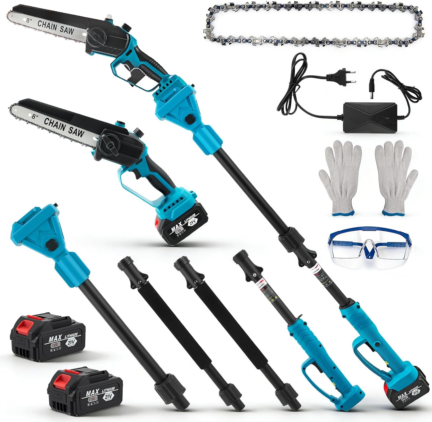 Eirolace, Tronçonneuse 2-en-1 avec Perche Télescopique, Mini Tronçonneuse Brushless 8'' avec 2 x 2000 mAh Batteries, Bleu/Noir
