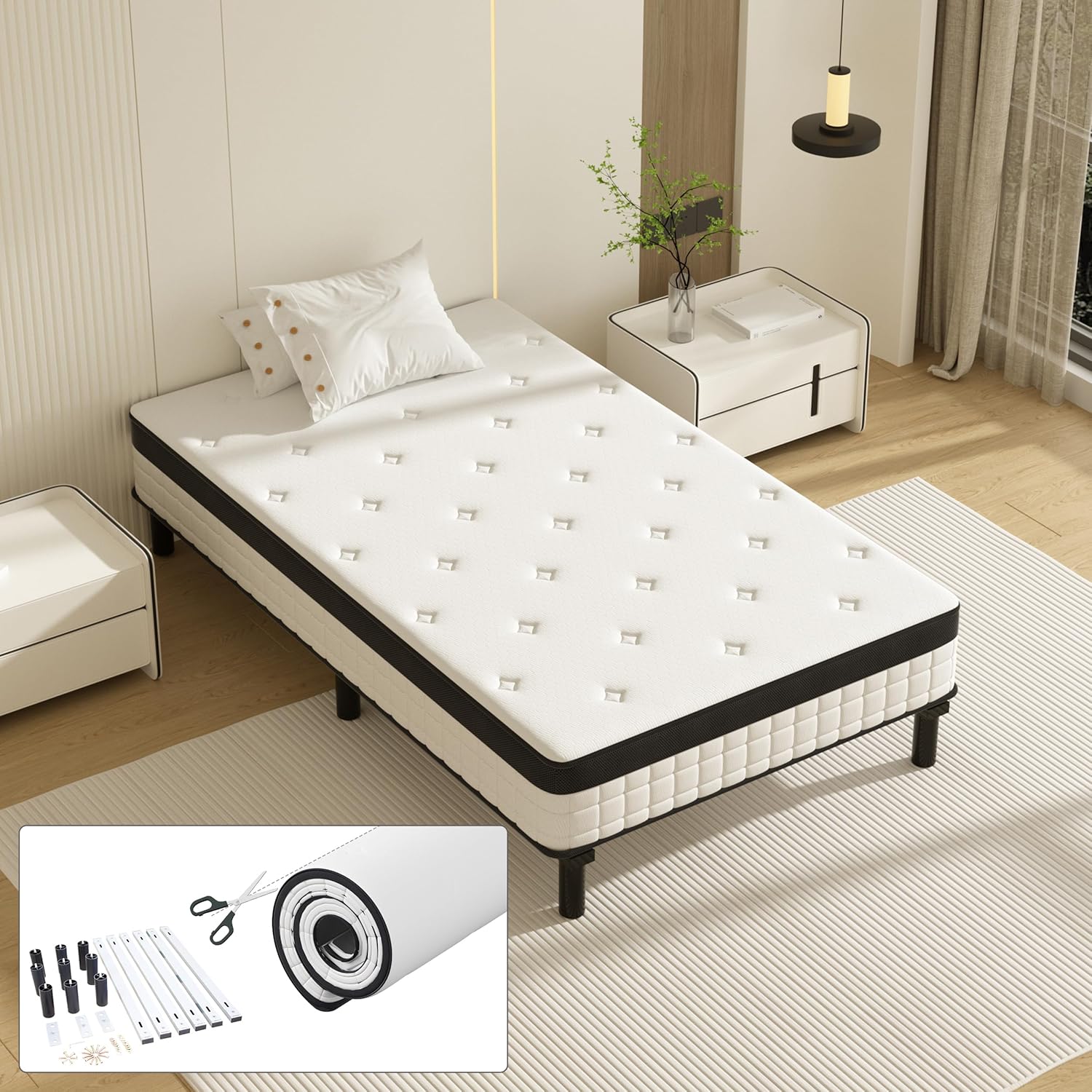 Ensemble Matelas et Sommier 90x190cm, Matelas à Ressorts ensachés et Robuste Cadre de lit en Fer avec 6 Pieds, Blanc/Noir – TEENO, Anti