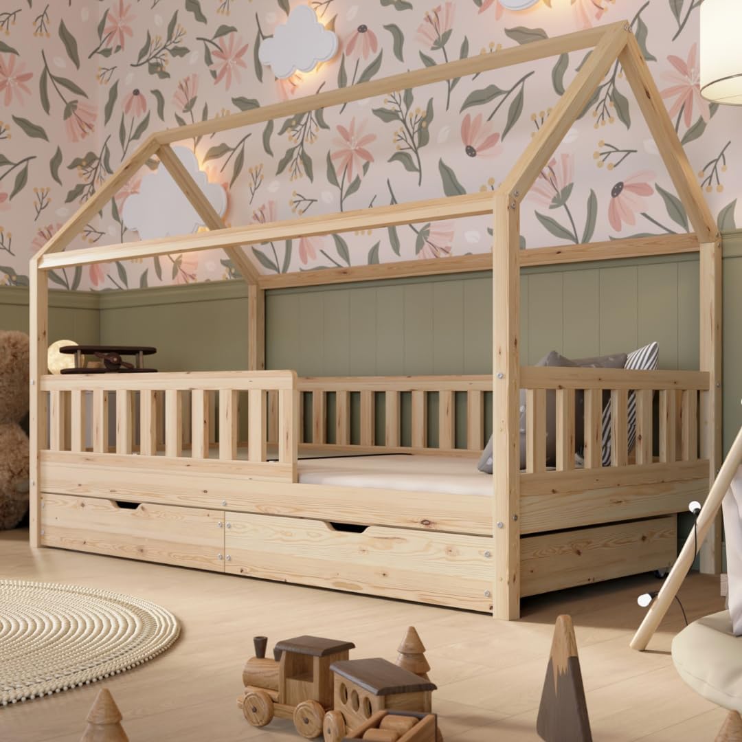 Lit, 90 x 190 cm, en bois naturel, avec protection anti-chute – Crazy Pine, lit de sol Montessori avec espace de rangement supplémentaire