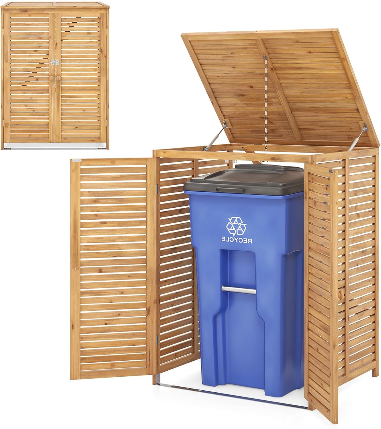 Abri de jardin, Cache Poubelle 120 L, Abri à Poubelles en Bois – LIFEZEAL, Bois/Bleu/Gris, 86 x 70 x 114 cm