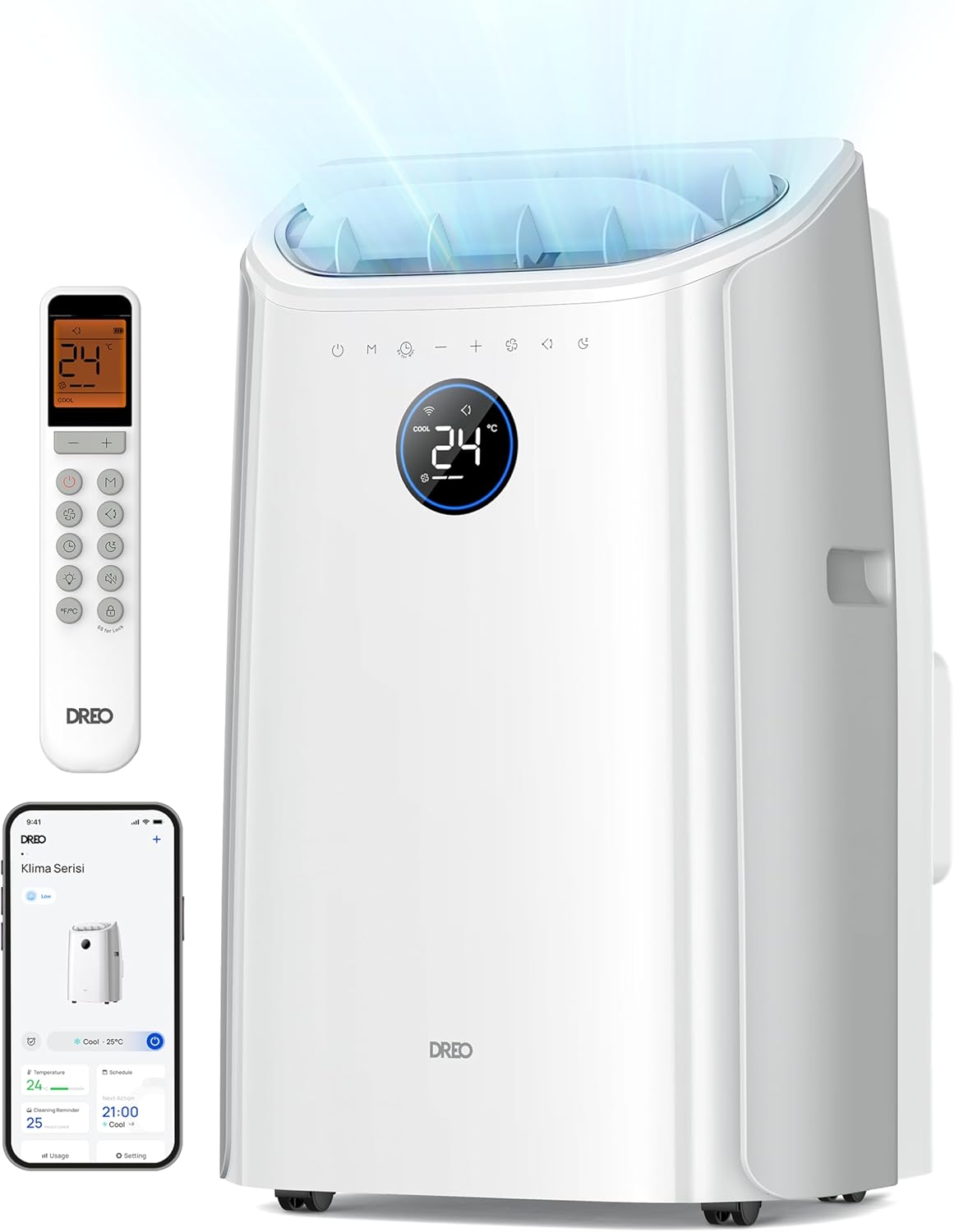 DREO climatiseur portable 10 000 BTU pour chambre, minuterie 24 h, refroidissement efficace sans drainage, Blanc, silencieux