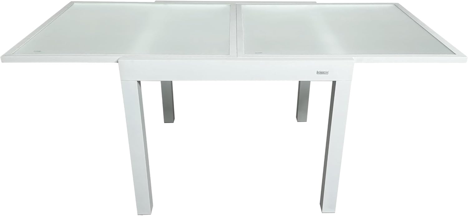 Table extensible de jardin en aluminium et verre trempé, Dimensions 90/150 x 90 x 74 cm, Table carrée extensible d'extérieur – MOMMA HOME, blanc
