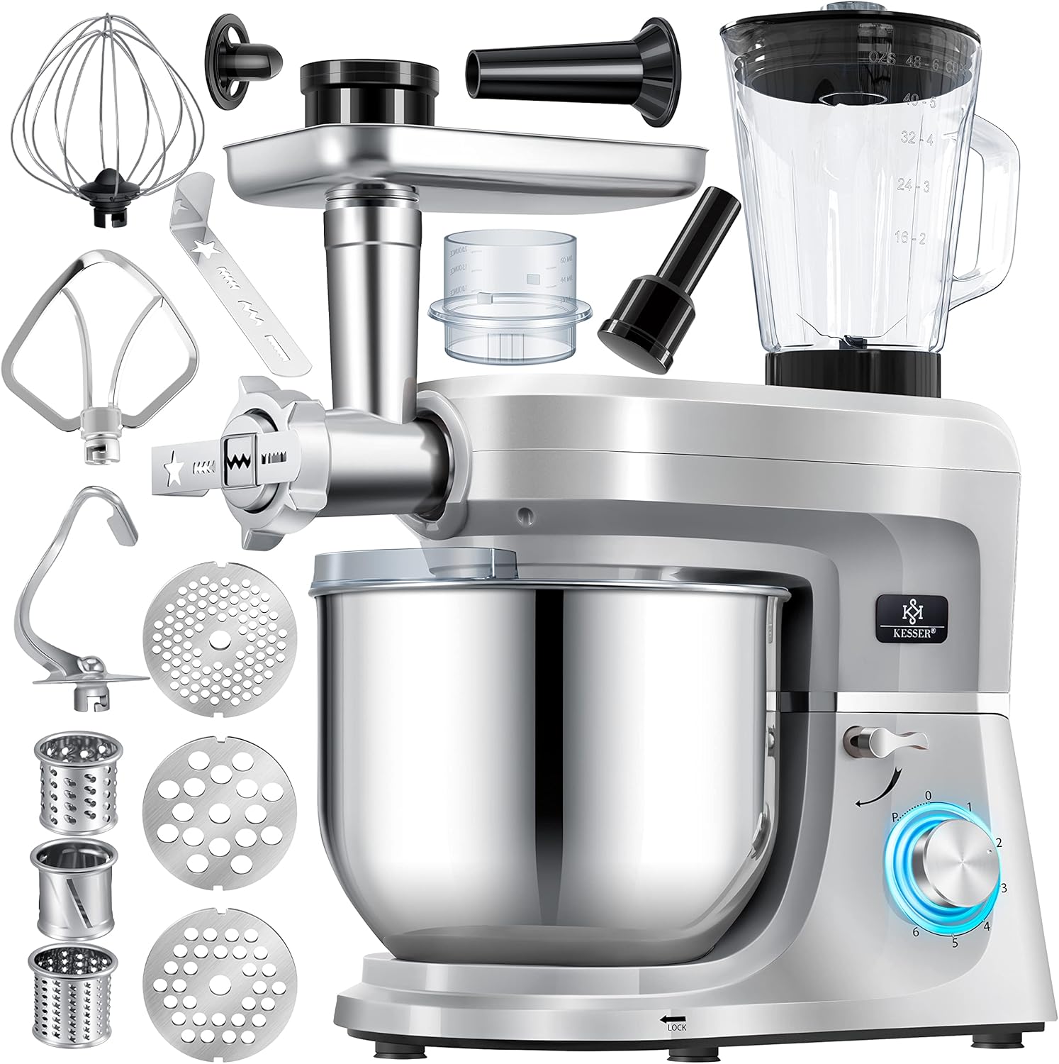 KESSER ® Robot ménager universel 3 en 1 K-KM 3 000 avec hachoir à viande, Kit pour saucisses, Argent/Noir