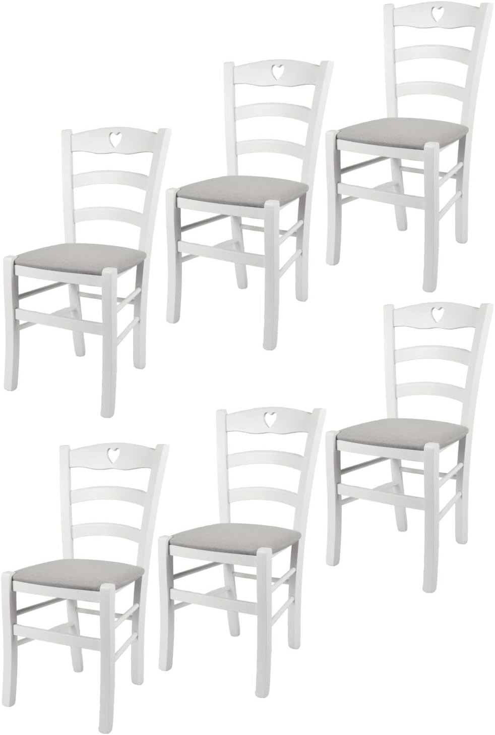 Set 6 chaises Cuore pour Cuisine, Robuste Structure en Bois de hêtre laqué en Couleur Blanc et Assise rembourrée et revêtue, Blanc/Gris