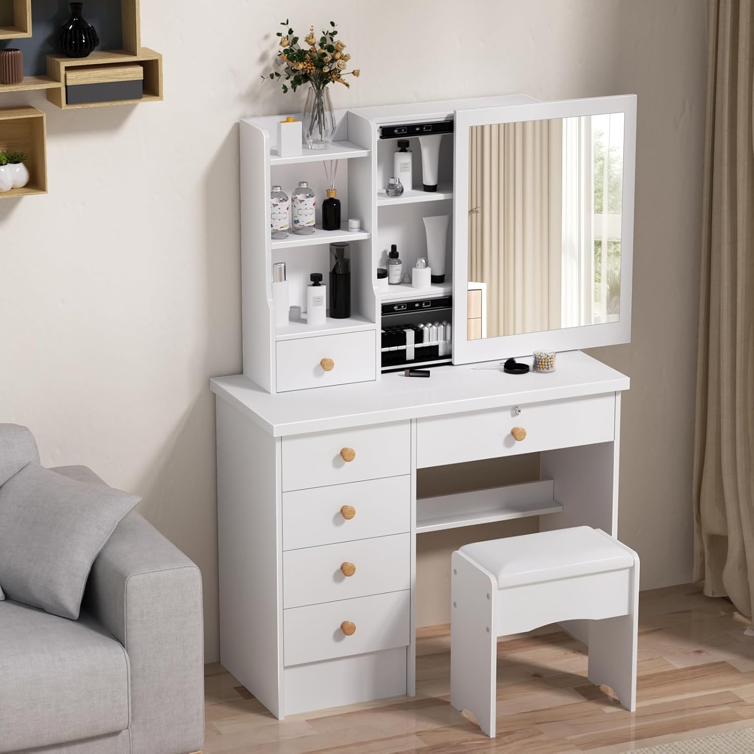 Coiffeuse Moderne et Tabouret, 6 tiroirs Table de Maquillage Miroir Coulissant avec étagères Ouvertes – karelwui