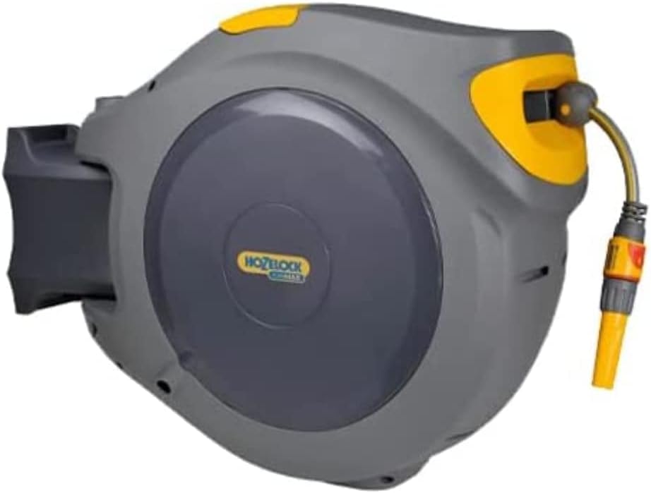 Hozelock, Enrouleur, Dévidoir Mural FlowMax AutoReel Gros débit avec Tuyau de 30m 25970000, Gris/Jaune