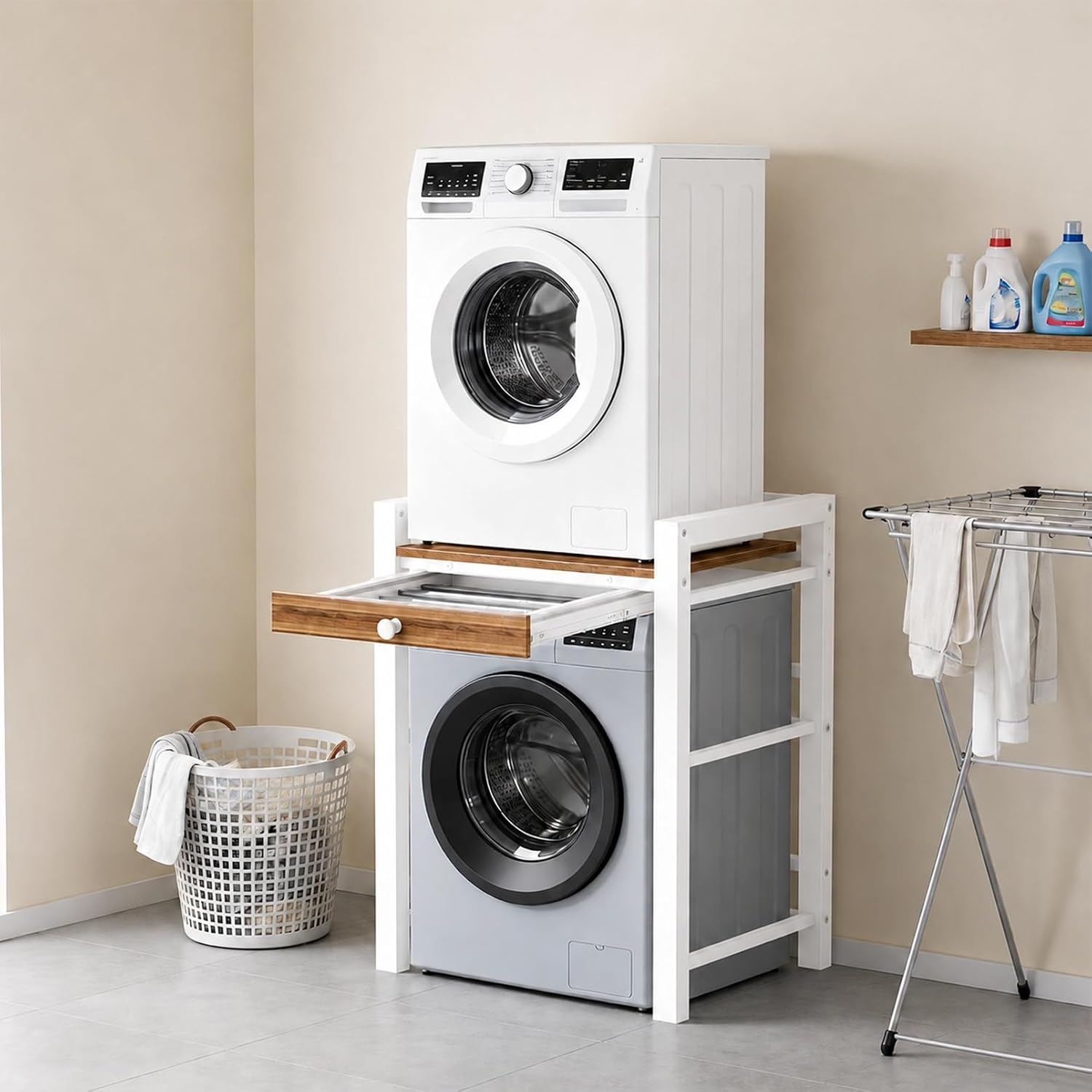 TerraVibe Étagère pour machine à laver et sèche-linge, Charge maximale de 300 kg, blanc avec tiroirs, Pour salle de bain, Blanc/Bois