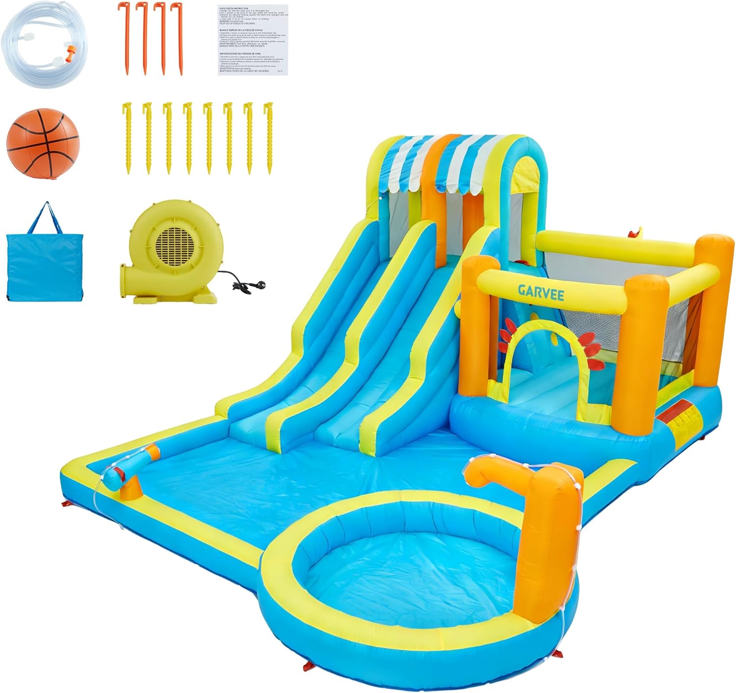 Garvee, Château Gonflable avec Souffleur, 9 en 1 Parc Aquatique Gonflable avec Trampoline, Adapté pour Enfants de 3 à 12 Ans, Toboggan