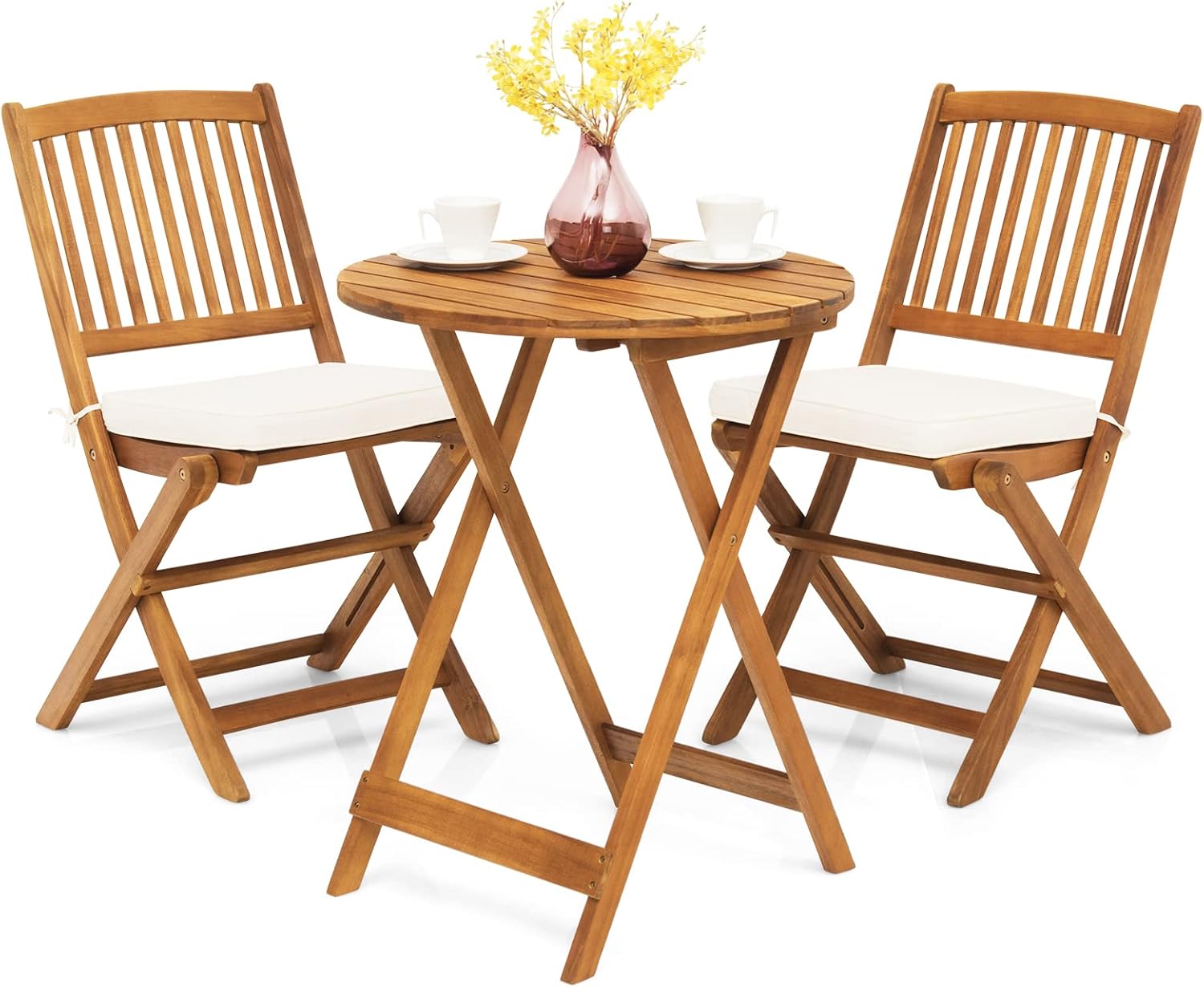 bistro, Salon de Jardin 2 Personnes en Bois d'Acacia, Table de Jardin Extérieur avec Chaise Plaintes – GIANTEX, 2 Coussins Amovibles