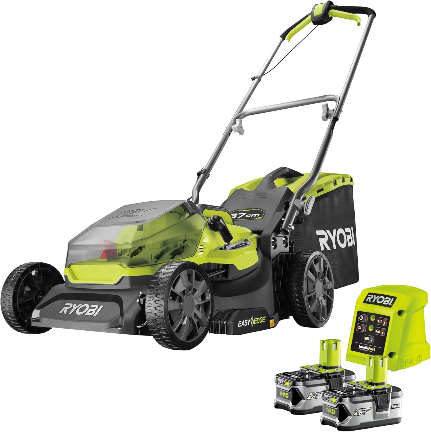 RYOBI RY18LMX40C-240 RY18LMX40C-240 Tondeuse à Gazon 18V One+ Brushless 40 cm, 2 Batteries 4, 0 Ah + Chargeur, Vert/Noir, Jardins Jusqu'à 600 m2