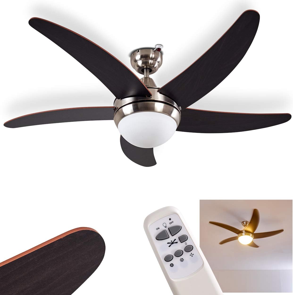 hofstein Ventilateur de plafond Morino avec éclairage intégré, pour 2 ampoules E14, contrôle par télécommande incluse, bois et verre