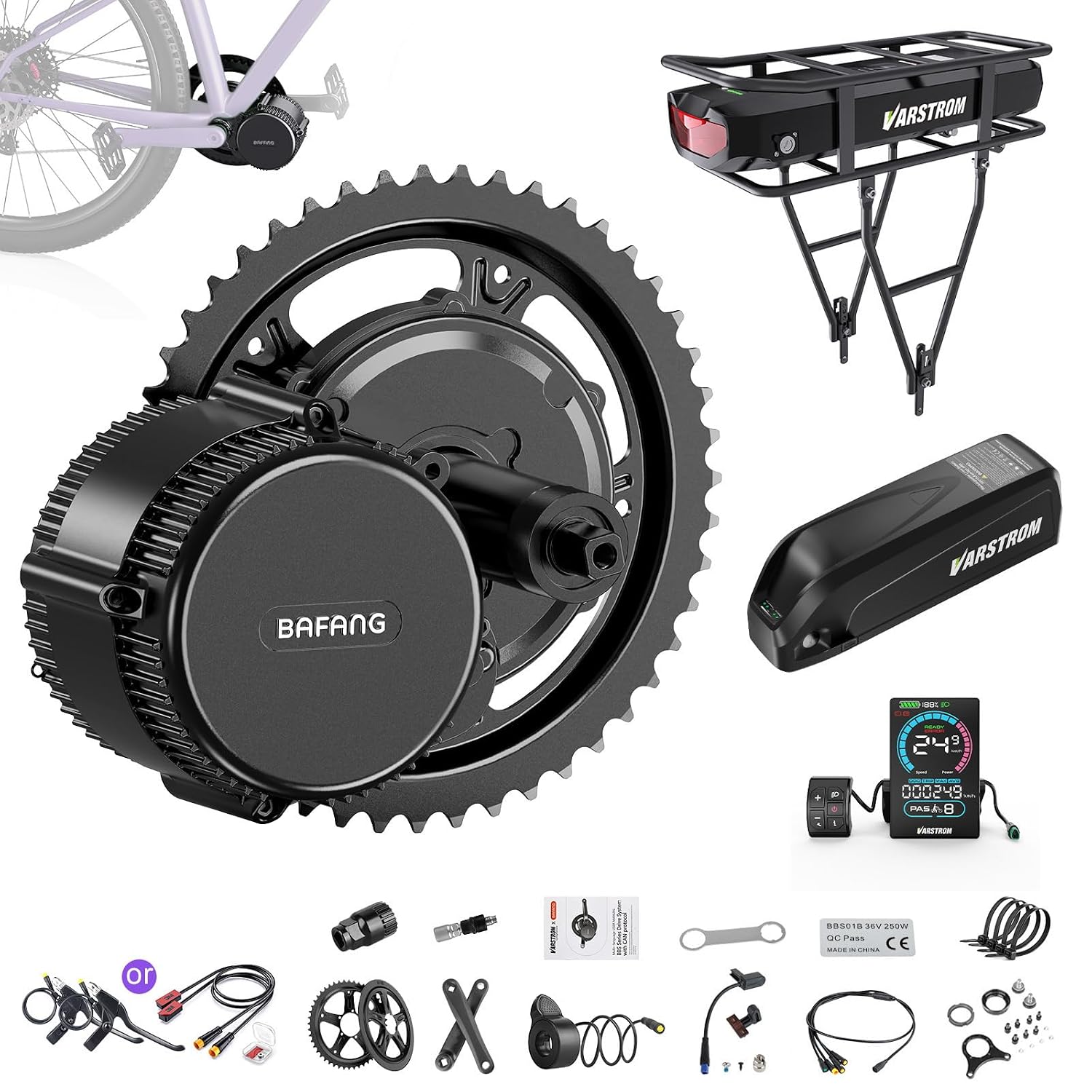 BAFANG BBS01B BBS02B, 36V 48V 250W Kit de Conversion Velo Electrique à Transmission Centrale, Moteur Central pour Boîtier Pédalier 68-73mm VTT