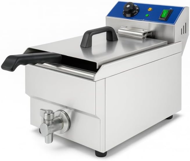 Friteuse Électrique Professionnelle 10 L, 3600 W, Inox, Argent/Noir, Thermostat 50–200°C, Vanne de Vidange