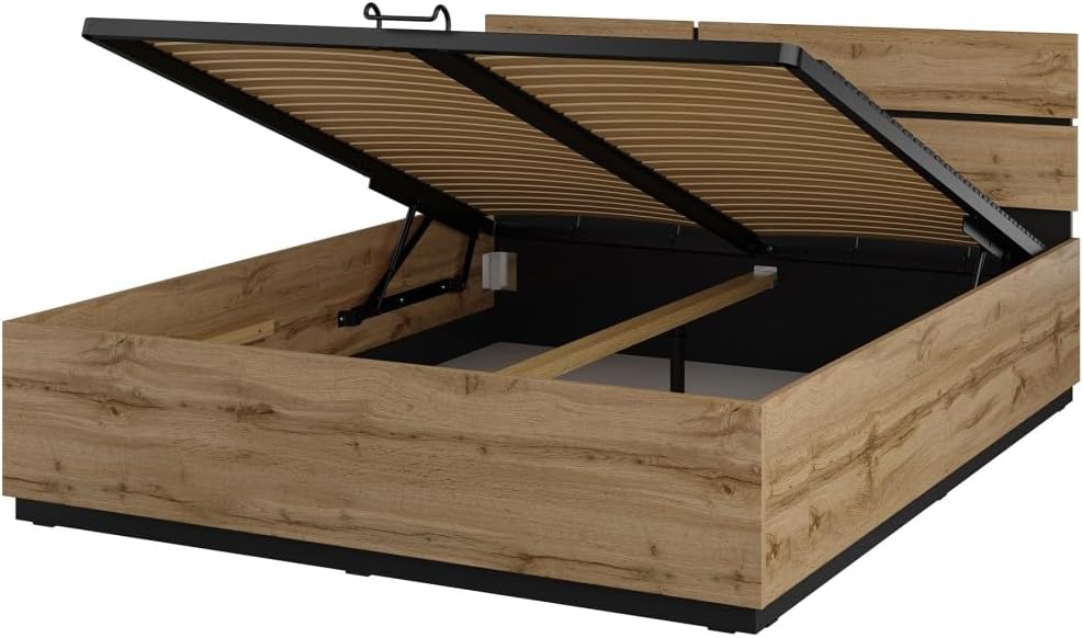 Lit, Chêne/Noir – Meublorama, Chêne et Noir, Style Moderne et Rangement astucieux