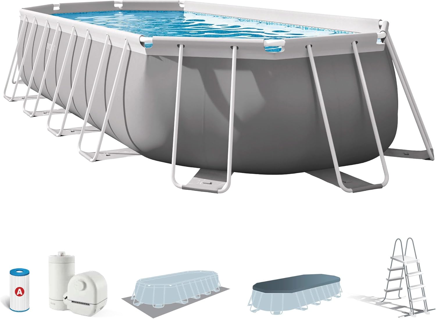 kit Piscine Prism Frame Ovale Tubulaire (l) 6, 10 x (l) 3, 05 x (h) 1, 22m – Intex, Gris/Blanc