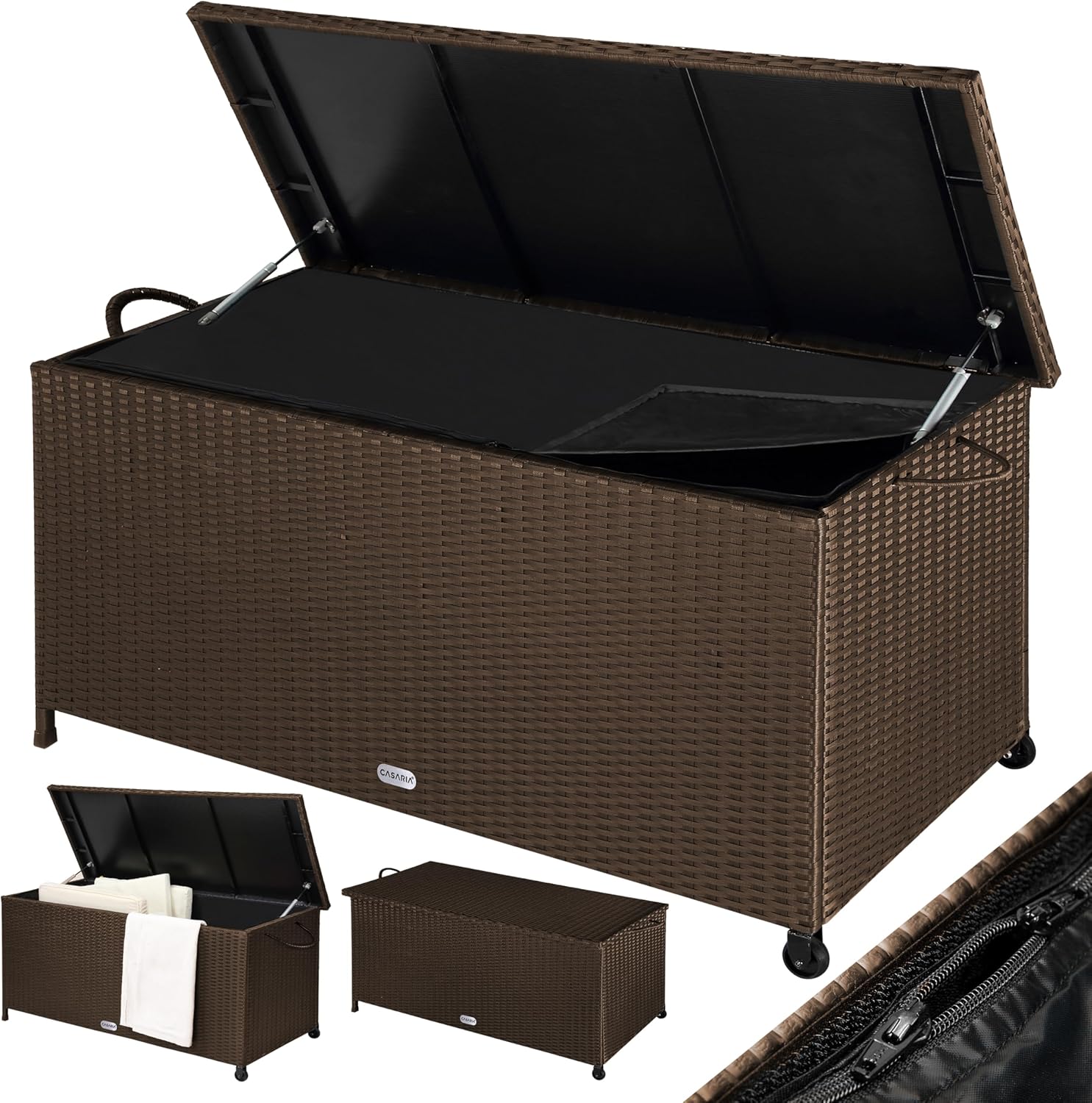 Coffre de rangement, Malle de rangement en Polyrotin avec roulettes 270 L, étanche avec Vérin à gaz 117x53x60 cm pour Jardin
