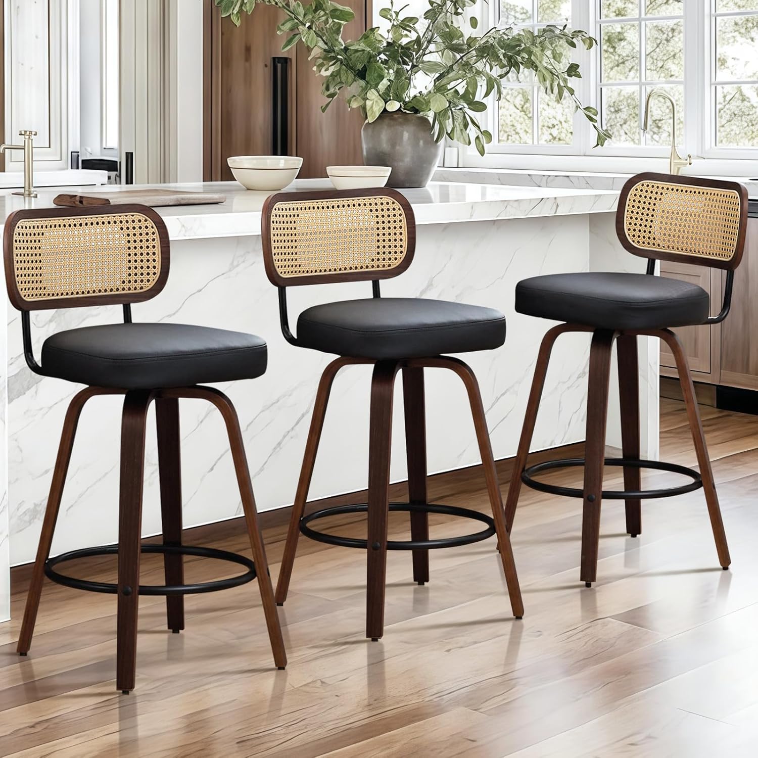 Lot de 3 tabourets de Bar pivotants, Repose-Pieds métallique. Tabouret Moderne pour îlot de Cuisine et Salle à Manger, Hauteur d'Assise 65 cm, Noir