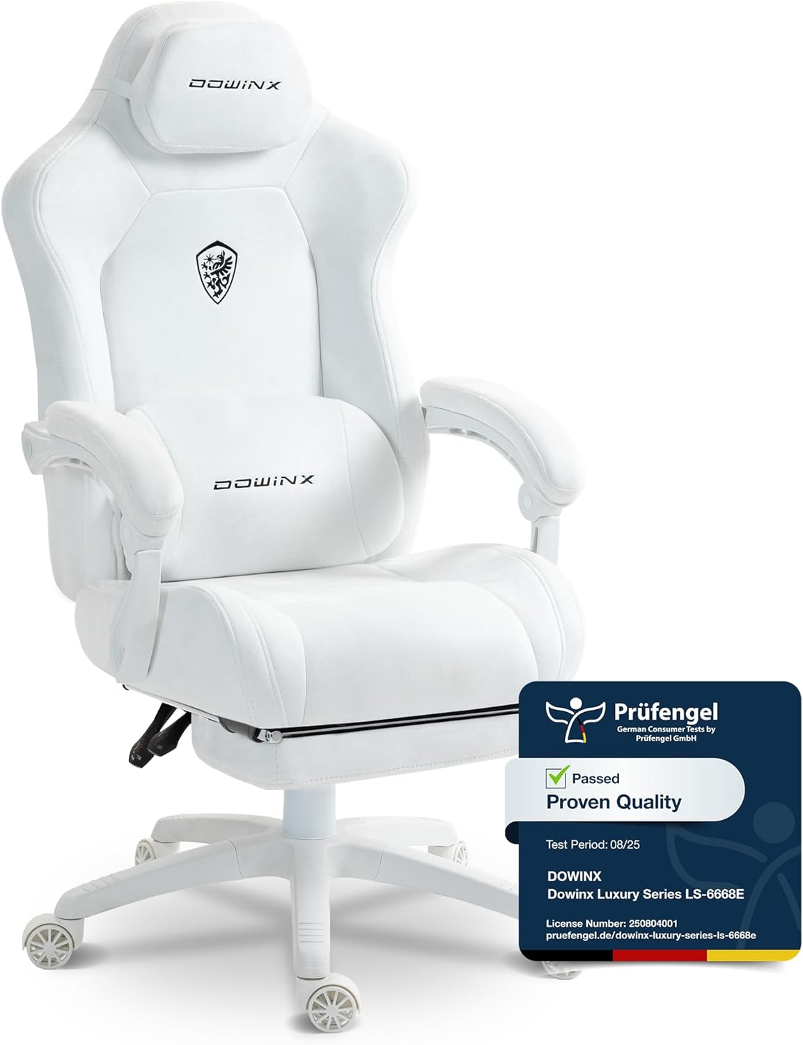 Chaise Gaming Ergonomique avec Coussin Lombaire Massant Réglable, Dossier Inclinable 160° – Dowinx, Blanc, Fauteuil Gamer en Velours