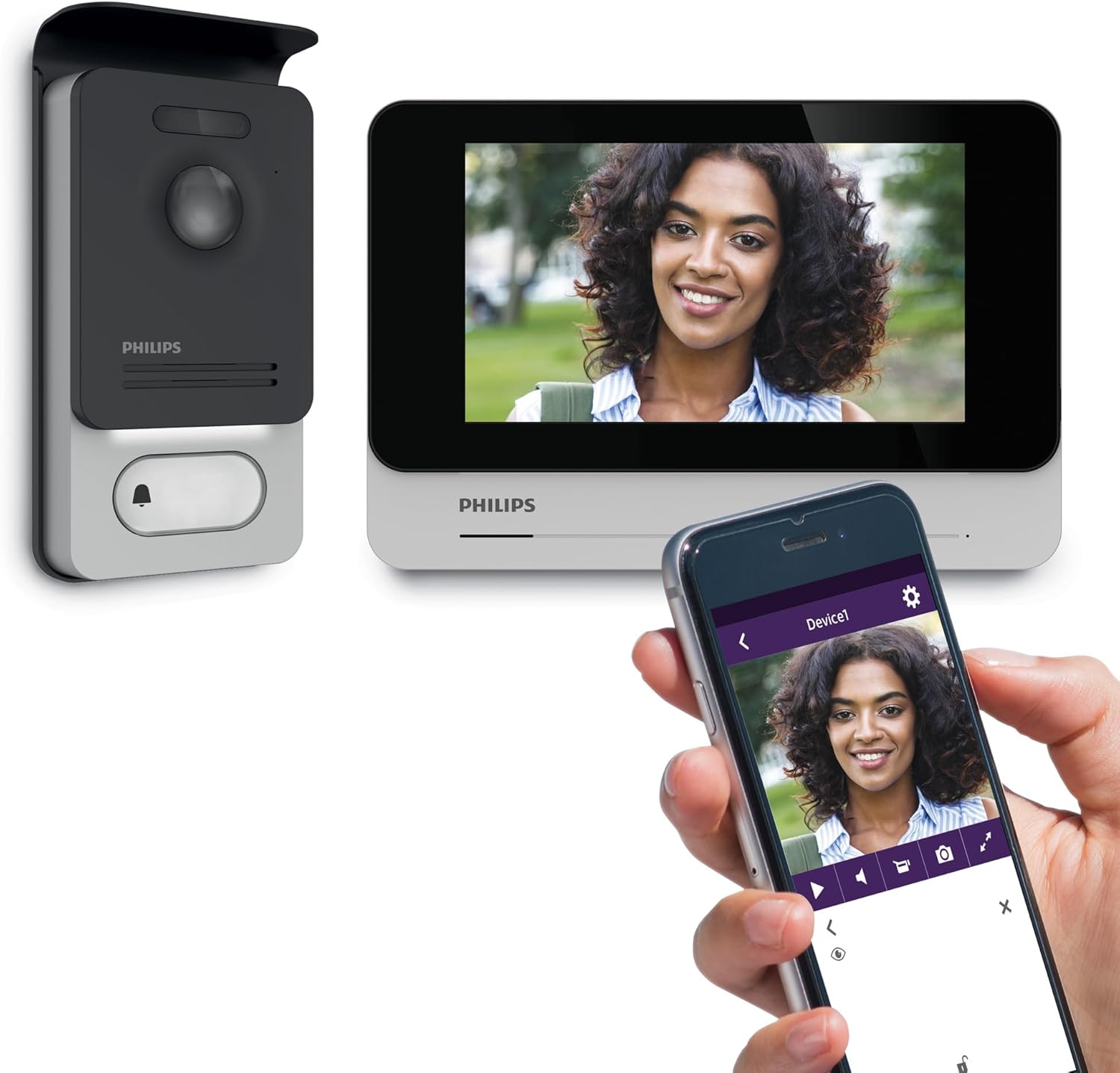 Interphone Vidéo 2 Fils, Écran Tactile 7 Pouces – PHILIPS, Noir/Gris, WelcomeEye Connect 2, Vision Nocturne 130 Degrés, Visiophone Connecté