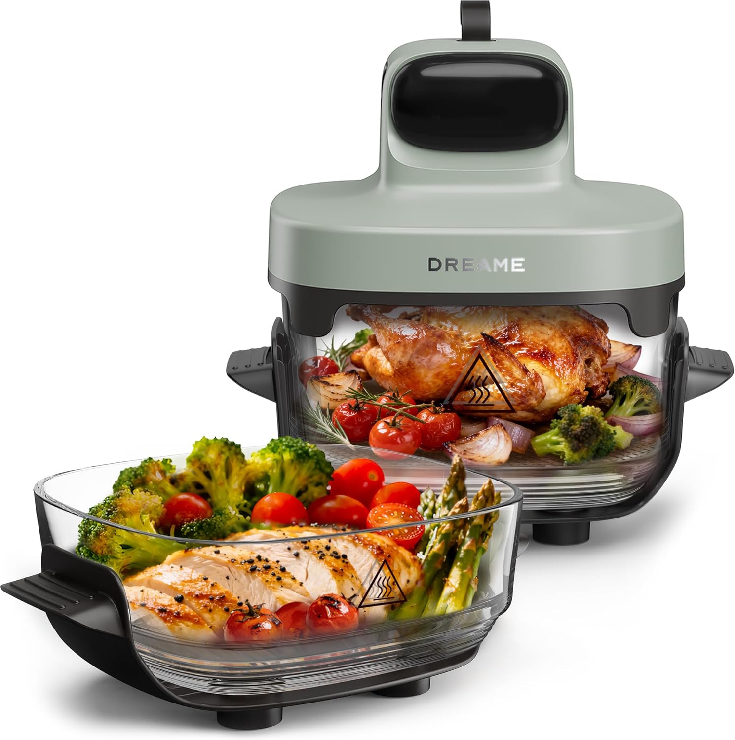 Tasti Friteuse à Air en Verre Portable 5 en 1, 2, 5 L + 4, 5 L, Verre Borosilicate de 6 mm – dreame, Gris/Noir, 2 Récipients, Vue à 360°