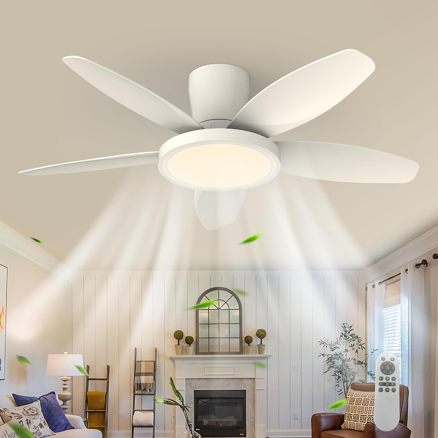 Qcyuui 106cm Ventilateur Plafond avec Lumière LED Silencieux, 6 Vitesses, Télécommande, Contrôle Séparé pour Chambre Salon Cuisine