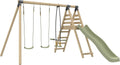 Station BARBOUZET 2 balançoires, Bois FSC® h224 cm – TP, Beige/Vert, vis-à-vis, Toboggan, kit d'ancrage